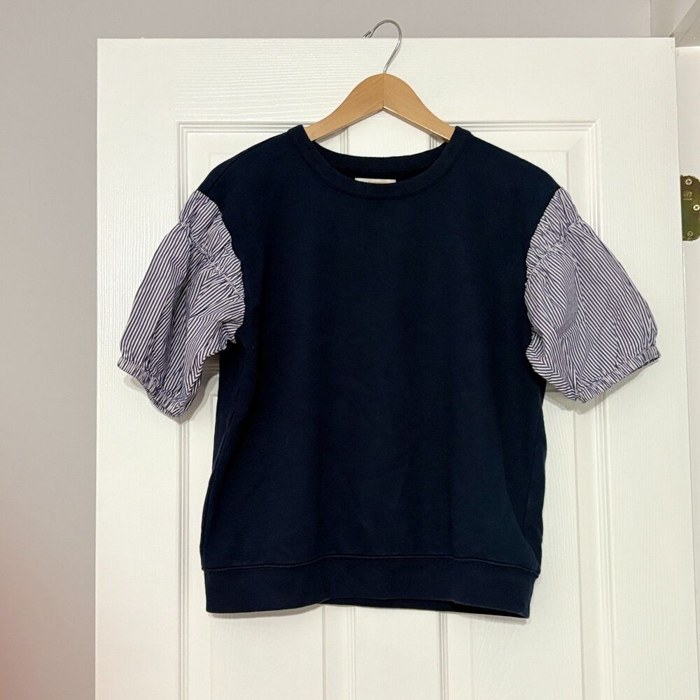 Free Assembly Top Womens L Blue Mixed Media Puff Sleeve Organic Cotton Blend